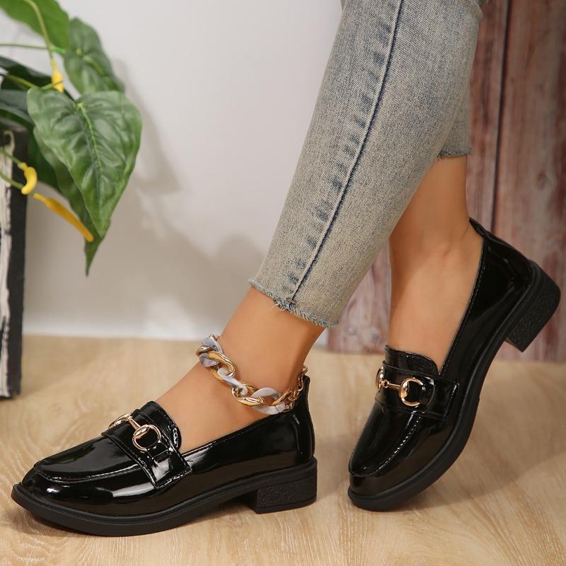 2024 Spring/Autumn Women’s Leather Shoes British Style Metal Chain Black Mary Jane Low Heels Ladies Casual Loafers Plus Size 43