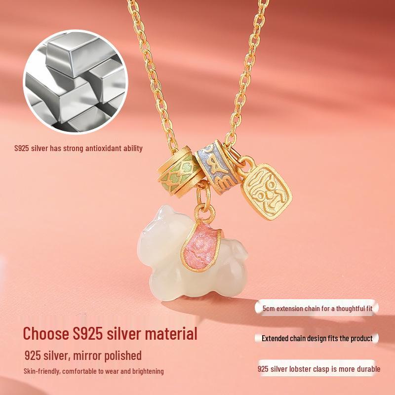 Hetian Jade Horse Necklace: S925 Silver Mantra Zodiac Clavicle Chain for Women