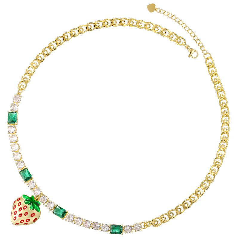Exquisite Sweet Copper Diamond Strawberry Bracelet Necklace Premium Fruit Jewelry Set Vl633-634