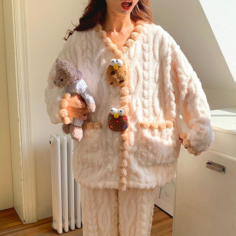 

Милый милый пижамный комплект из кораллового флиса, теплая ночная рубашка, зимняя фланелевая пижама, кардиган, одежда для сна, свободная повседневная домашняя одежда, одежда для отдыха M розовый