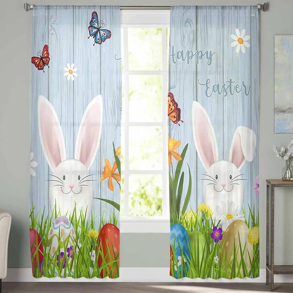 Sheer Easter Window Curtains Bedroom Living Room Egg Bunny Spring Flower Chiffon Voile Drapes Curtain Made Of Polyester Washable Sitting Ready