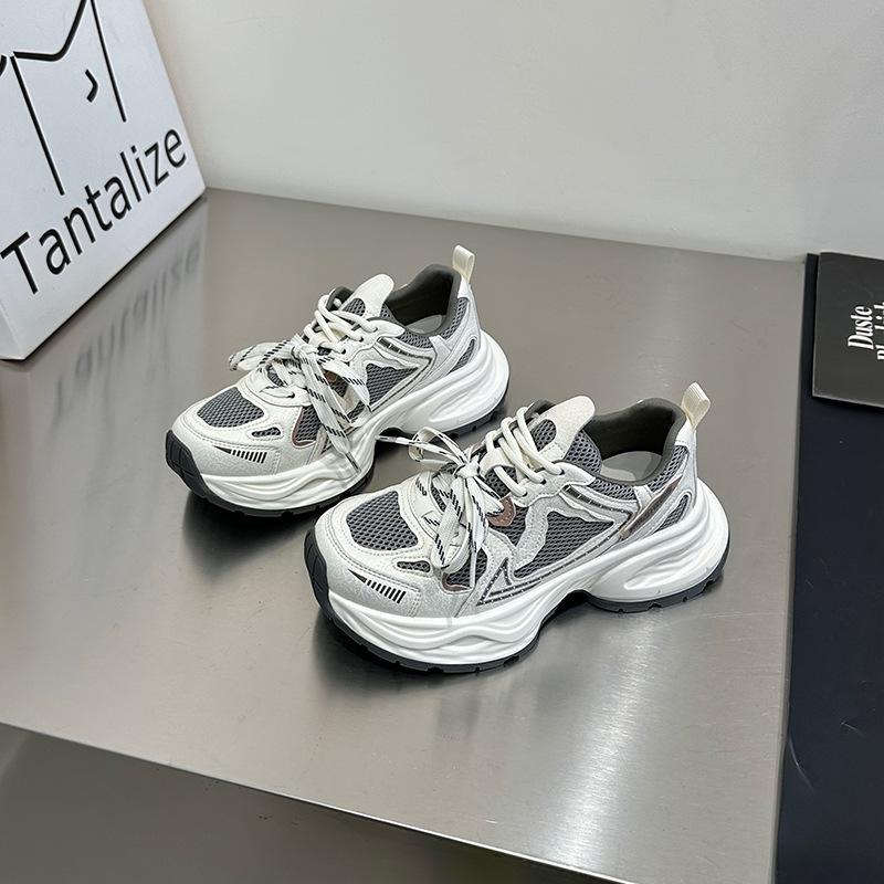 Double color ribbon~ leather thick-soled dad shoes women's 2025 spring models are breathable, lightweight, heightening and small casual sports shoes