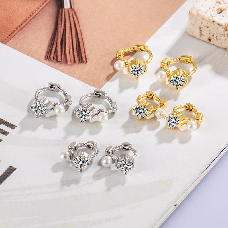 Single Diamond Pearl Earring Backs for Women - Small, Elegant, Sleep-In, Versatile, Mini Zirconia Ear Cuff with High-End Sparkle Gold Pearl Ear Cuff (Inner Diameter 8mm)