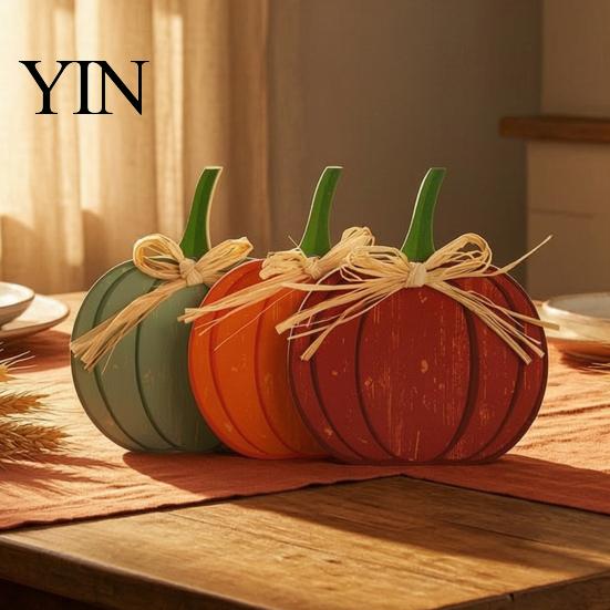 Rustic Home Aesthetic Pieces 3Pcs Autumn Pumpkin Ornaments, Wooden with Hemp Rope Bow Multi Color Fall Ornaments Table Decor for Farmhouse Seasonal