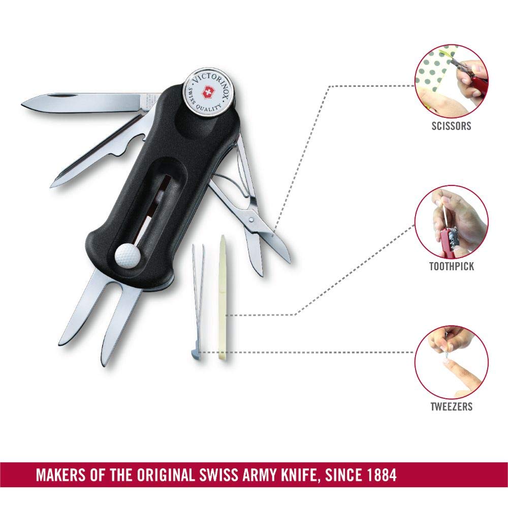 Victorinox Golf Negro Horquilla de Golf con Marcador y Reparador de Marcabolas Equipado con una Herramienta Deportiva de Bola Removible con 10 Funciones Herramienta, Herramienta, Marcador,