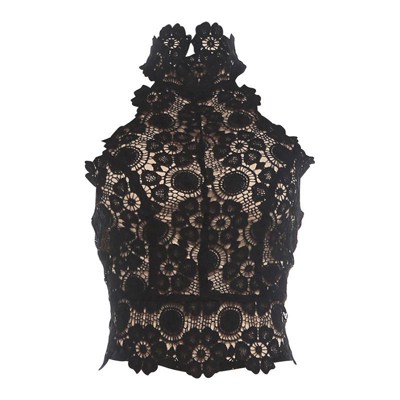European and American summer new fashionable women's fashionable girls' stand-up collar, sleeveless lace backless irregular lace lace vest for women