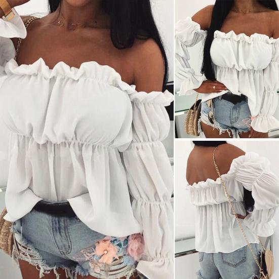 Women Sexy Solid Color Long Sleeve Off Shoulder Ruffled Edges Short Blouse Top