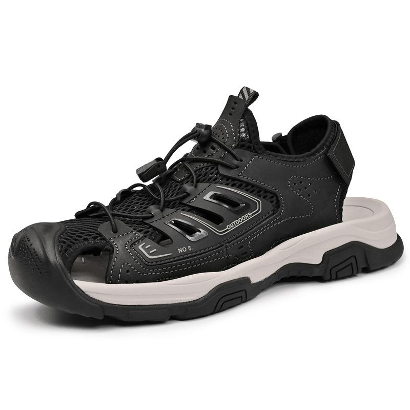 

Sandals men s leather summer explosion hollow breathable one pedal beach shoes men s bag head soft sole outdoor casual men s shoes 38 чёрный