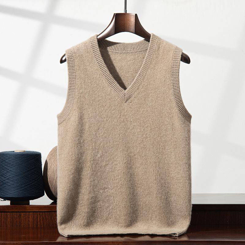 Men's Cashmere V-Neck Sleeveless Vest - Double-Strand, Thick Solid Color Tank for Business Casual Layering