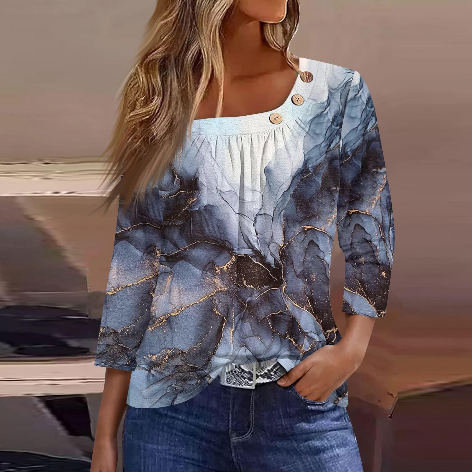 

Жен. Футболка Футболка С принтом Пуговицы Рукав 3/4 Повседневные Выходные Мода Классический Классический Верх XL тёмно-синий