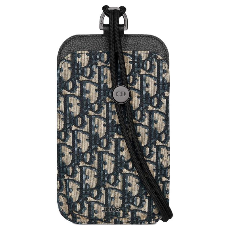 DIOR detachable and adjustable rope Oblique jacquard canvas and grained calfskin shoulder crossbody mobile phone bag regular men's beige and black