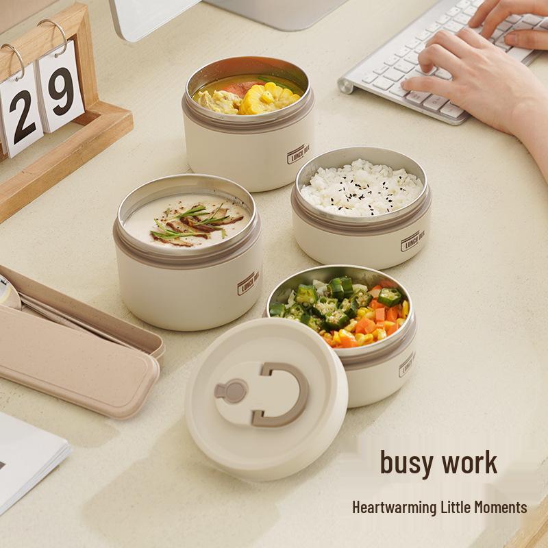 Double-Layer Insulated Stainless Steel Lunch Box - Round Bento for Students & Office Workers