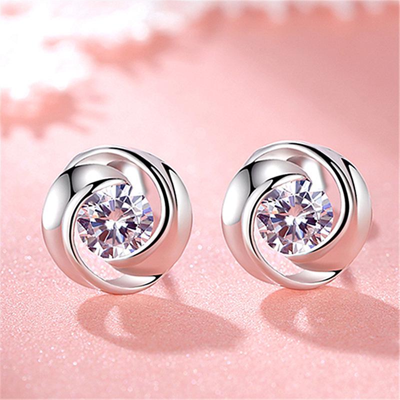 925 Sterling Silver Women's Diamond Stud Earrings, Korean Fashion
