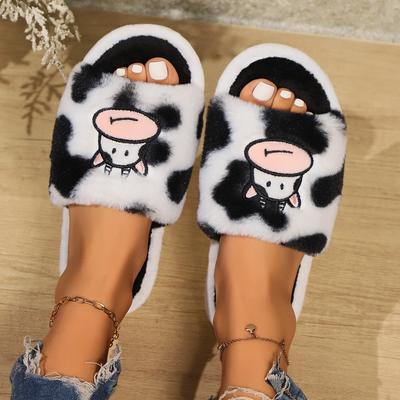 Dames Cartoon Koe Pantoffels Open Teen Zachte Pluche Slaapkamer Huis Schoenen Vrouw Lichtgewicht Platte Hakken Koppels Binnen Pantoffels Grote Maten