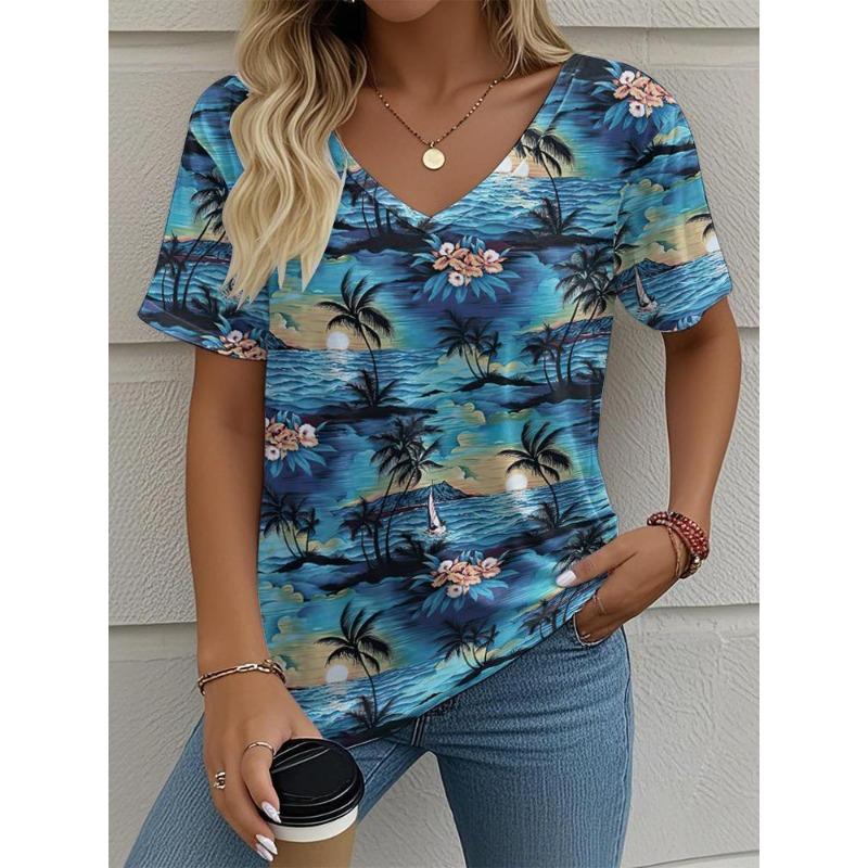 Women's T-Shirt Coconut Tree Pattern 3d Printing Fashion Casual V-Neck Short-Sleeved Beach Style Outdoor Women's Clothing