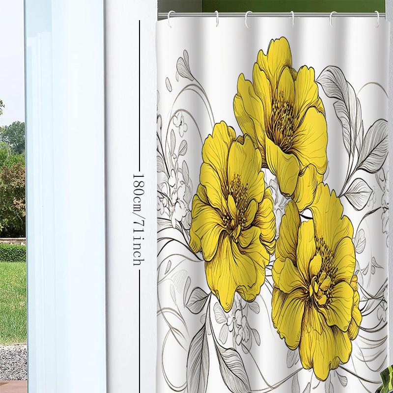 1pc yellow flowers shower curtain with metal grommets, polyester bath curtain widow curtain bathroom decor & accessories