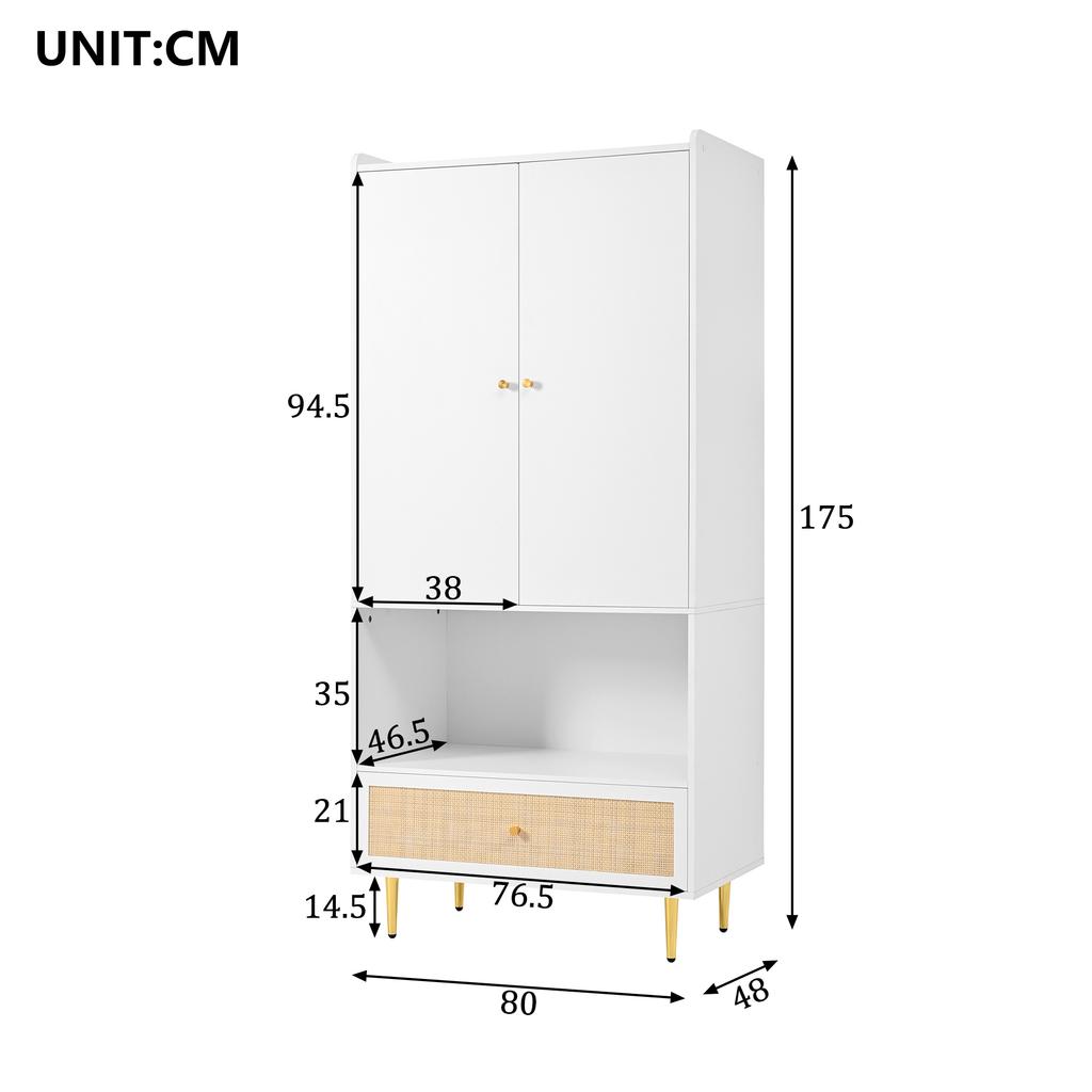 Wardrobe with 2 Doors, Large Rattan Drawer and Clothes Rail. With Metal Legs and Handles – Perfect for Bedroom and Living Room. White, 80x48x175 Cm