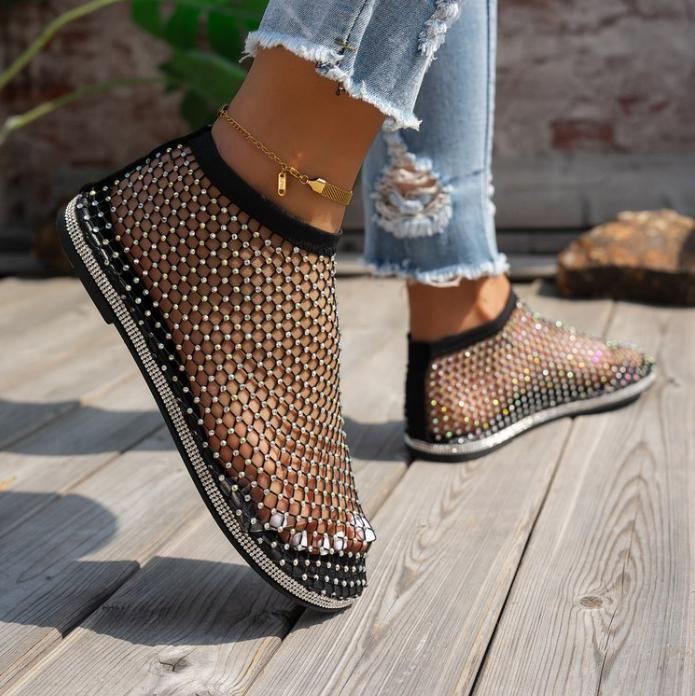 Fashion Women's New Round Toe Luxury  Flat Bottom Hollow Short Boots Water Diamond Sexy Flat Bottom Banquet Sandals