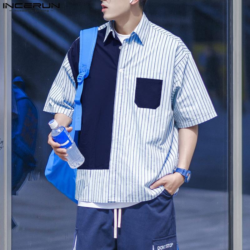 INCERUN Men Striped Shirts Casual Short Sleeve Patchwork Buttons Up Tops