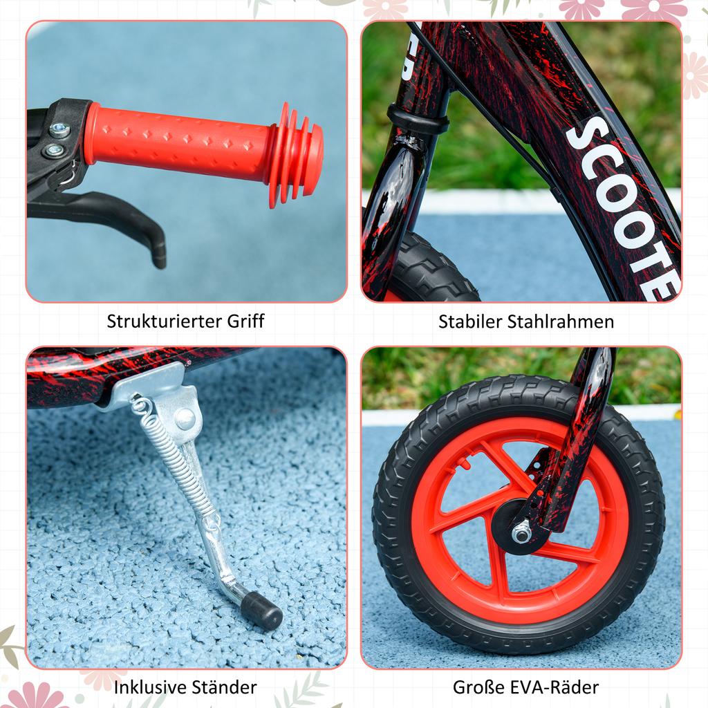 Kinderroller mit verstellbarem Lenker, Kinder-Tretroller mit rutschfester Trittfläche, Hinterradbremse, Ständer, Rot