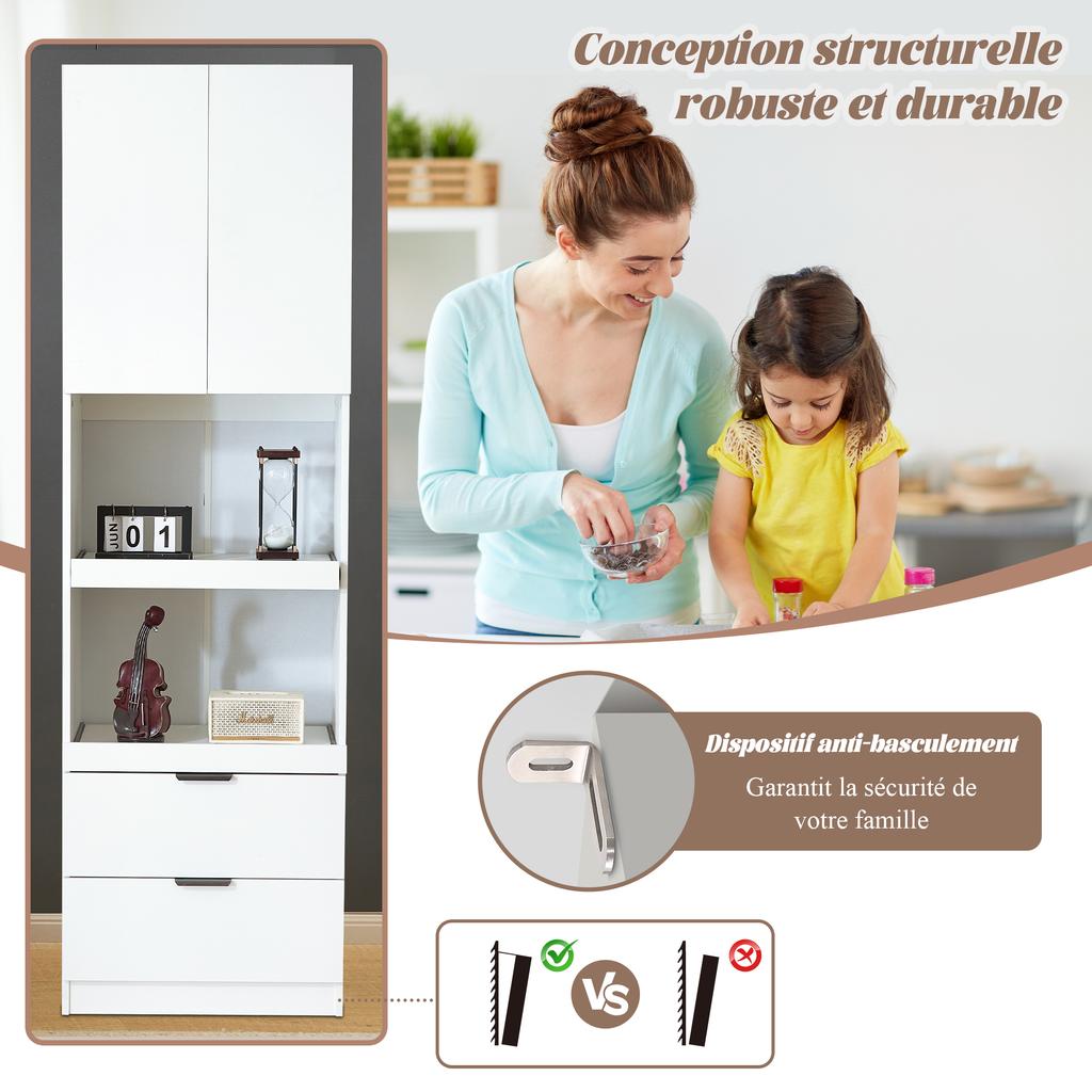 200cm High Kitchen Cabinets, Tall Cabinets with Anti-Tip Protection, Freestanding Multifunctional Cabinets for Dining Room, Living Room White