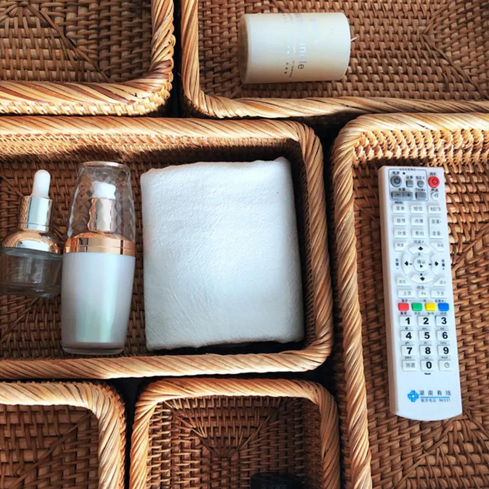 Hand-Woven Rectangular Rattan Wicker Basket Fruit Tea Snack Bread Picnic Cosmetic Storage Box Kitchen Supplies Household Tools