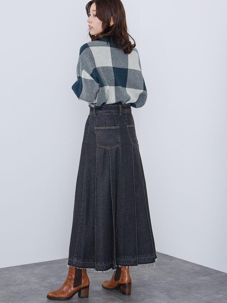 Skirt Wide Pleated Denim Skirt BLACK M [Beams Heart] Women's