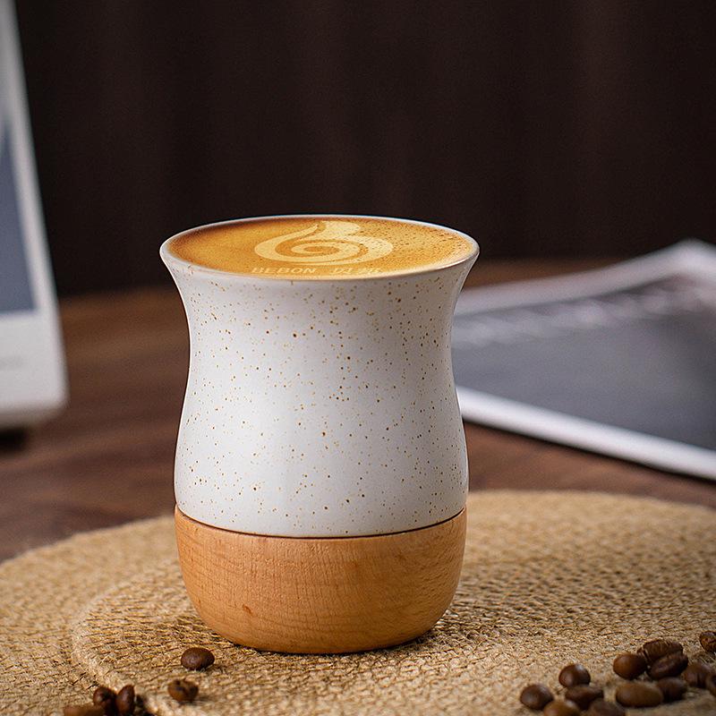 Vintage Coarse Pottery Ceramic Espresso Cup with Wooden Base, Personal Water & Tea Mug for Office