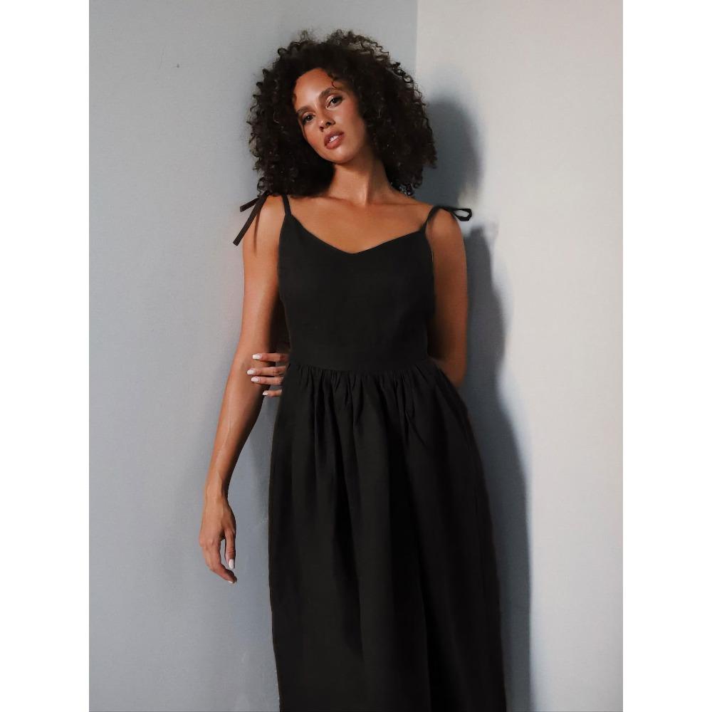 Women's Tie Spaghetti Strap Midi Dress Slim Waist A Line Solid Cotton Vacation Elegant Summer Sundress