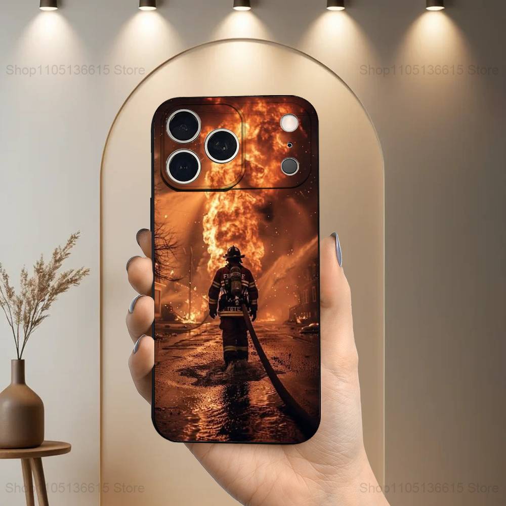 Fire Safety Firefighter Phone Case For iPhone 17,16,15,14,13,12,11 Plus,Pro Max,XS,X,XR,SE,Mini,8,7,Soft Silicone Black Cover