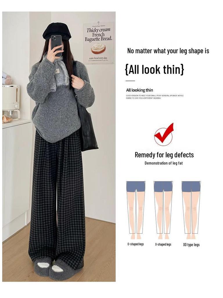 150 Korean-Style Fluffy Plaid Pants for Petite Women - Autumn/Winter High-Waist, Floor-Length, Casual Drape