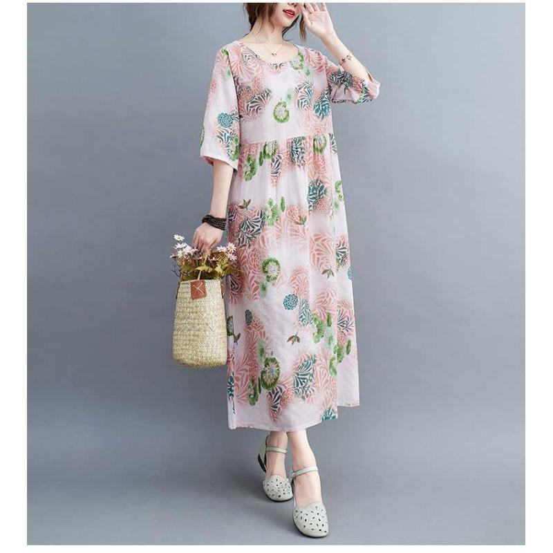 Sommer Neu Übergröße Locker Dünn Rundhals Fünf-Minuten-Ärmel Altersreduzierend Damenkleider