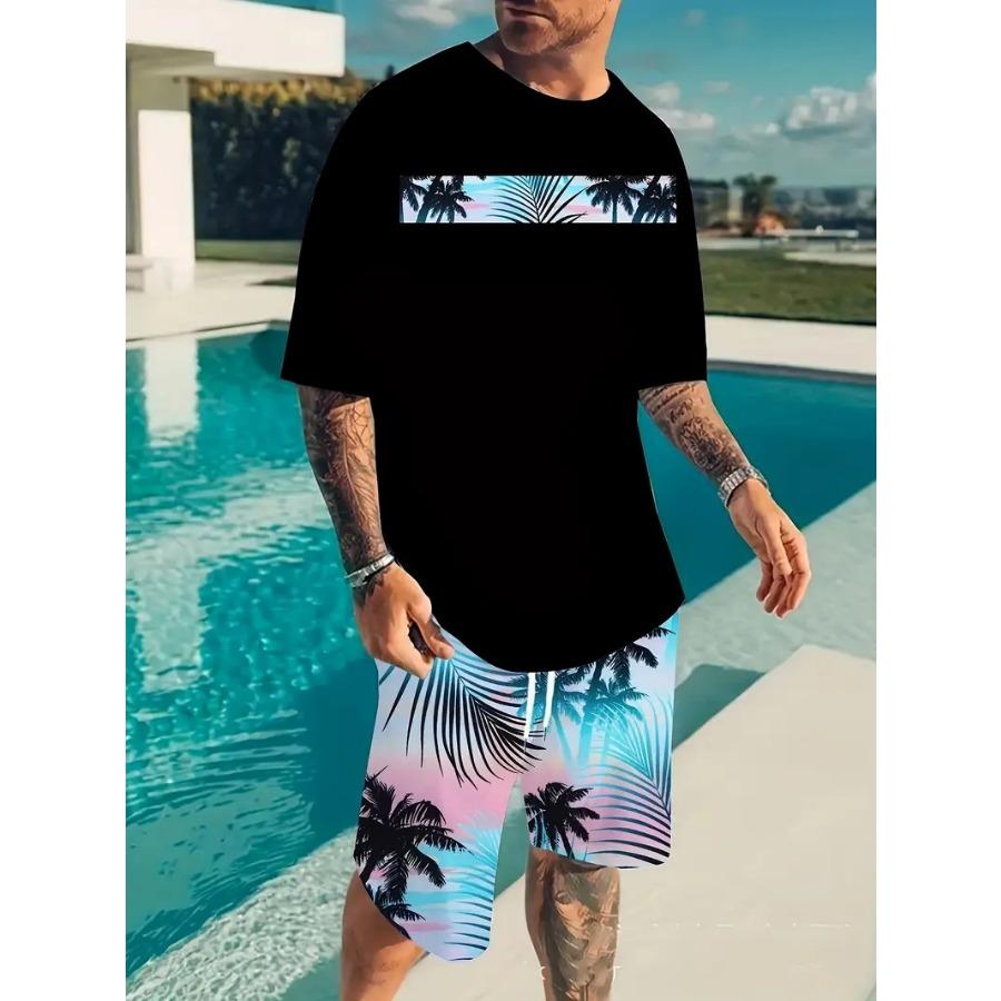 Hawaiian Beach Printed Summer Men's T-shirt Set Sportswear Men's Clothing Short Sleeve Shorts Set Men's T-shirt Set Lightweight