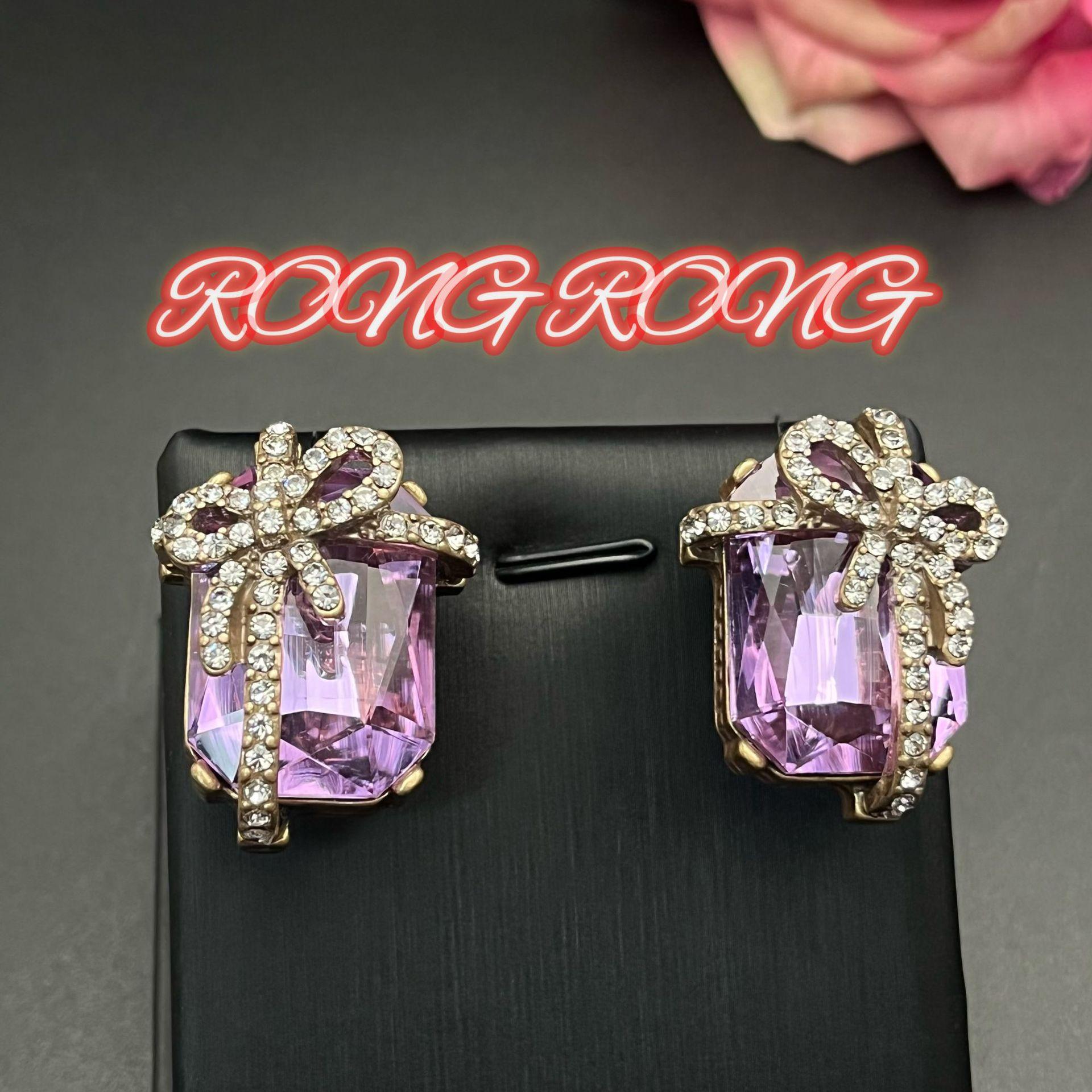 Серьги для среднего возраста без прокола уха Ощущение легкости Роскошь Сладкая Мечтательная K9 Фиолетовый Хрусталь Квадратный Циркон Бант