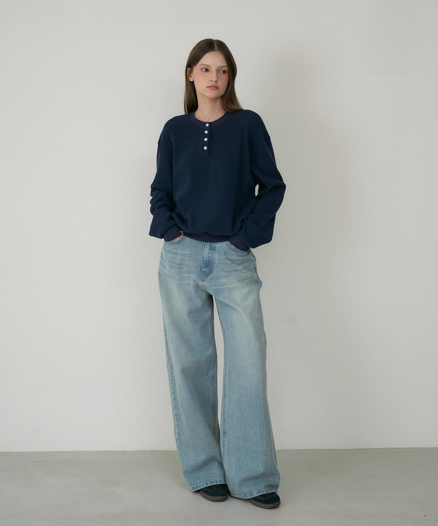 DEHEVE Check Henley-Neck Sweatshirt [Navy]
