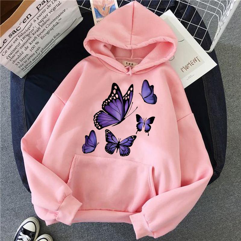 Graphic Dark Purple Butterfly Pattern Printed Hoodies Women's Vintage Y2k Sweatshirts Casual Hooded Clothes Kawaii Pullovers