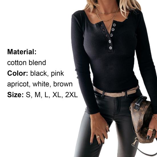 Blouse V-neck Button Cotton Blend Long Sleeve Shirt for Date