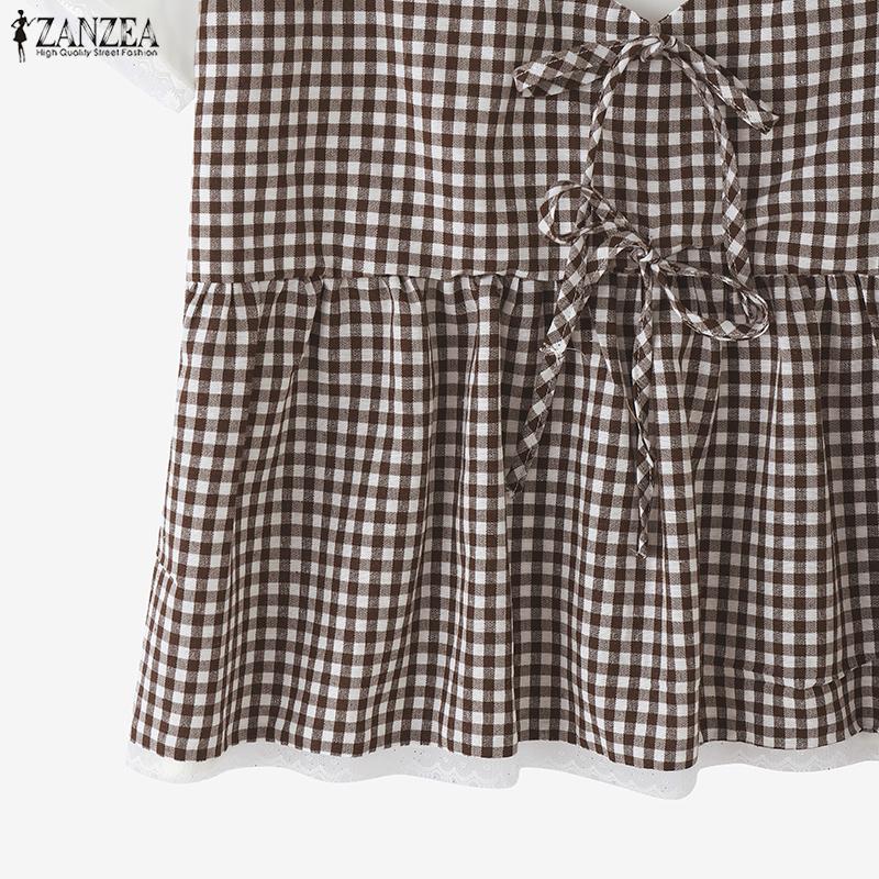 ZANZEA Women Casual Round Neck Plaid Patchwork Short Sleeve Blouse