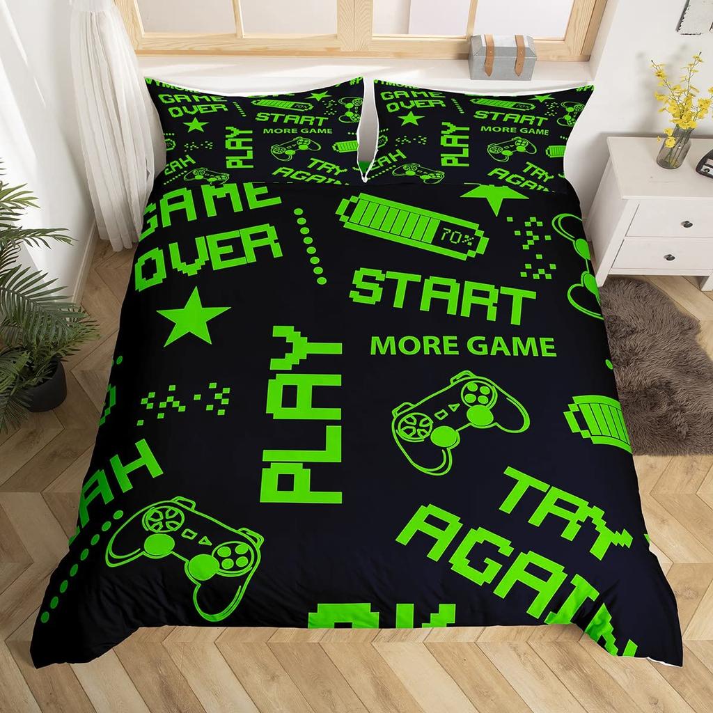 Gamepad Duvet Cover Set Queen Video Game Twin Bedding Set Microfiber Green Cartoon Gamer Pattern Electronic Theme Quilt Cover