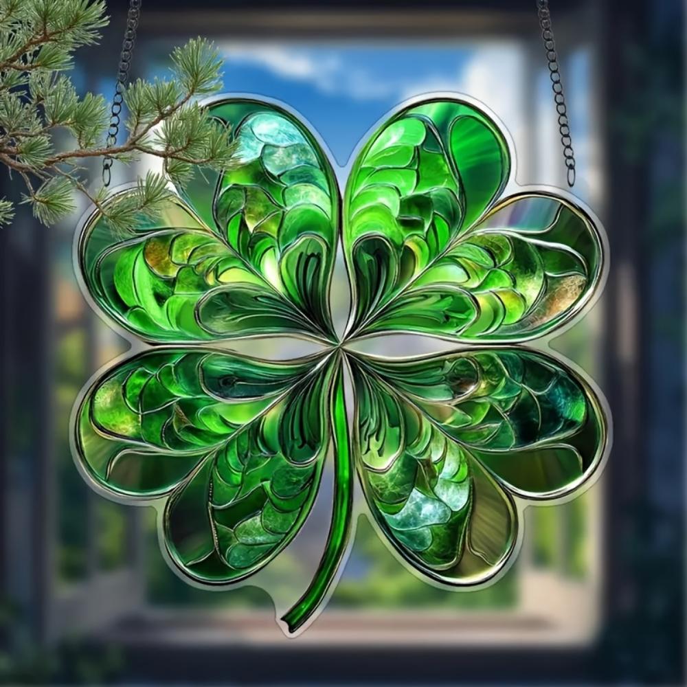 2D plochý tisk smaragdový čtyřlístek přívěsek, lapač slunce, okenní závěsná dekorace, vhodný pro zahradu, verandu, ložnici, kancelář, domov a venkovní použití