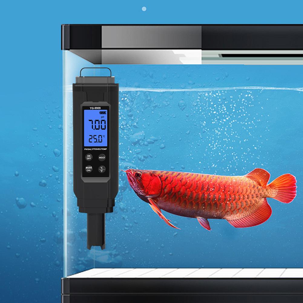5-in-1 Digitaler Wasserqualitätsprüfer TDS/EC/Temperatur/Salinität/PH-Meter für Trinkwasser Hydroponik Aquarien Pools