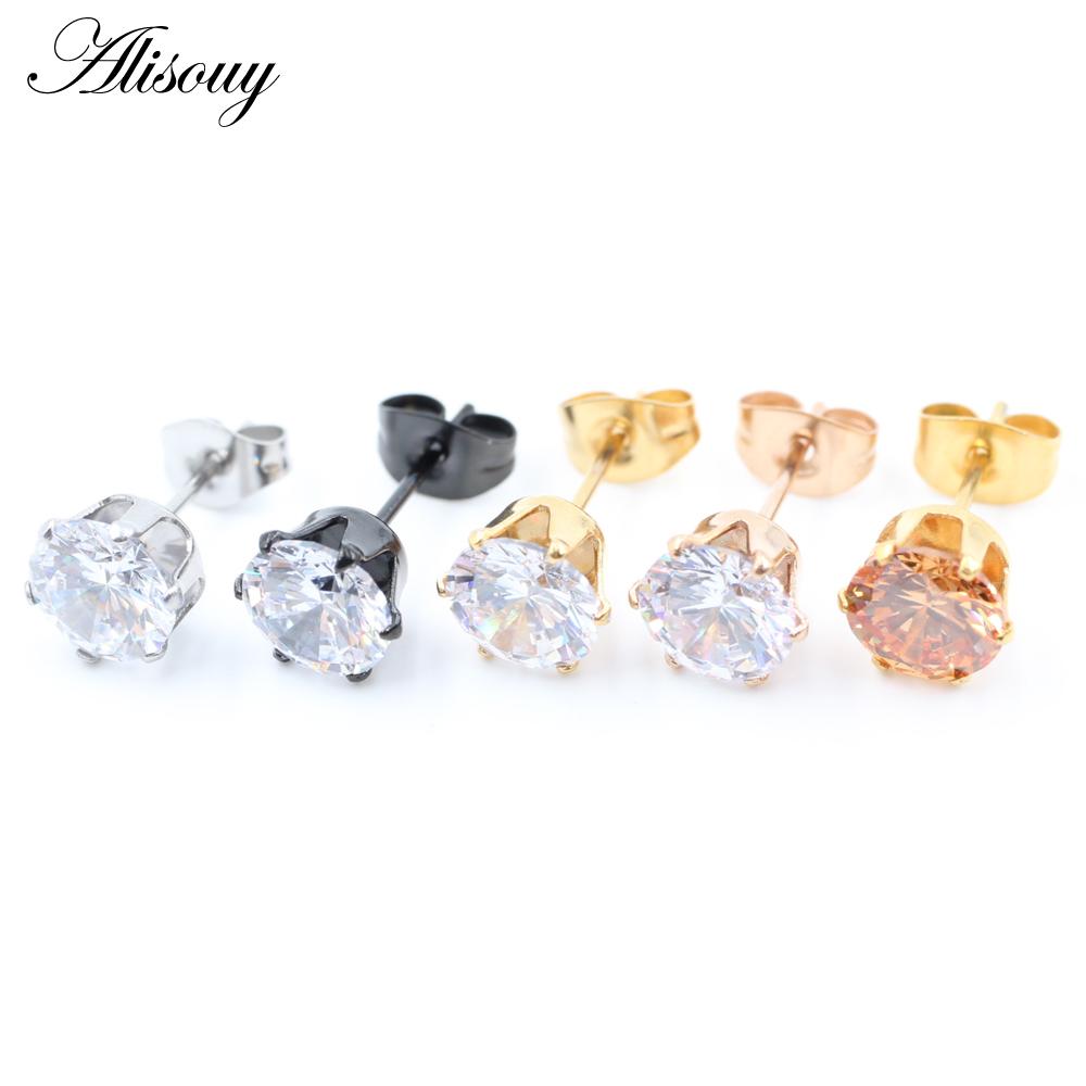 Alisouy 2 יחידות נירוסטה עגול זירקוניה מעוקבת קריסטל CZ נשים גברים עגילי חתיך לאוזן טרגוס סחוס הליקס פירסינג תכשיטים