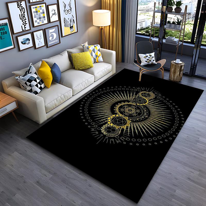 Area Rug, Sacred Geometry Gold Merkaba Chakra Lotus Black Print, Meditation Room Decor, Non-Slip Mat