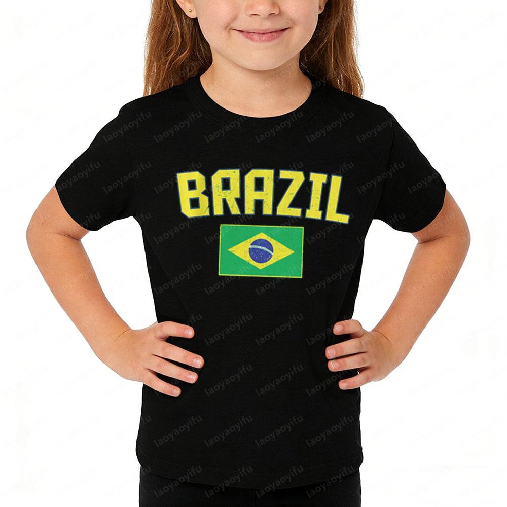 Brazil Flag Retro Style Graphic Children Shirt Kid Boys and Girls Summer Cotton Short Sleeve Little Soccer Fan Casual Daily Wear
