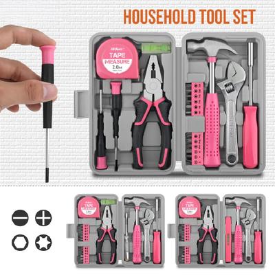 Manual Tool S18/19/20PCs Pink DIY Tool Kit with Electric Pen & CR-V Steel - Home Maintenance Hand Tools Set for Women & Car Care