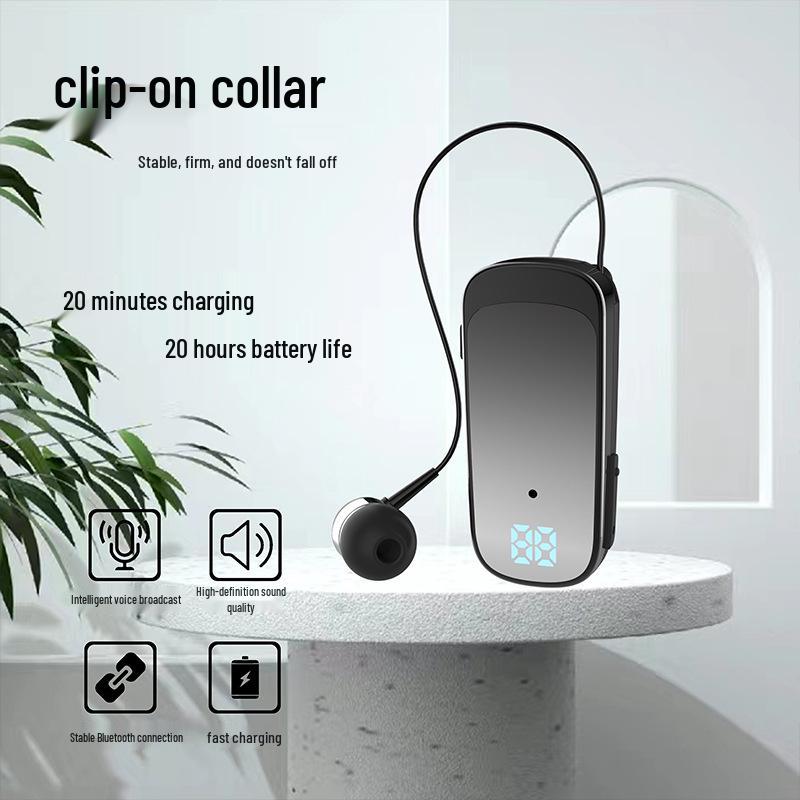 Clip-on Bluetooth Earbuds for Calls & Music, 20-Hour Battery, Incoming Call Number Broadcast