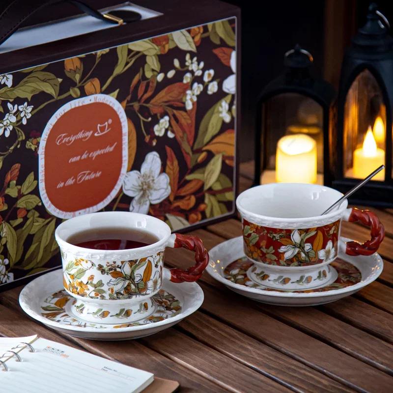 Light Luxury Retro Ceramic Cups and Plate Set High End Afternoon Tea Coffee Cup Home Breakfast Exquisite Flowers Milk Cup