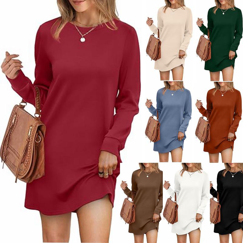 

2024 Women s Round Neck Sweatshirt Dress with Back Pleat and Pockets - Long Sleeve M