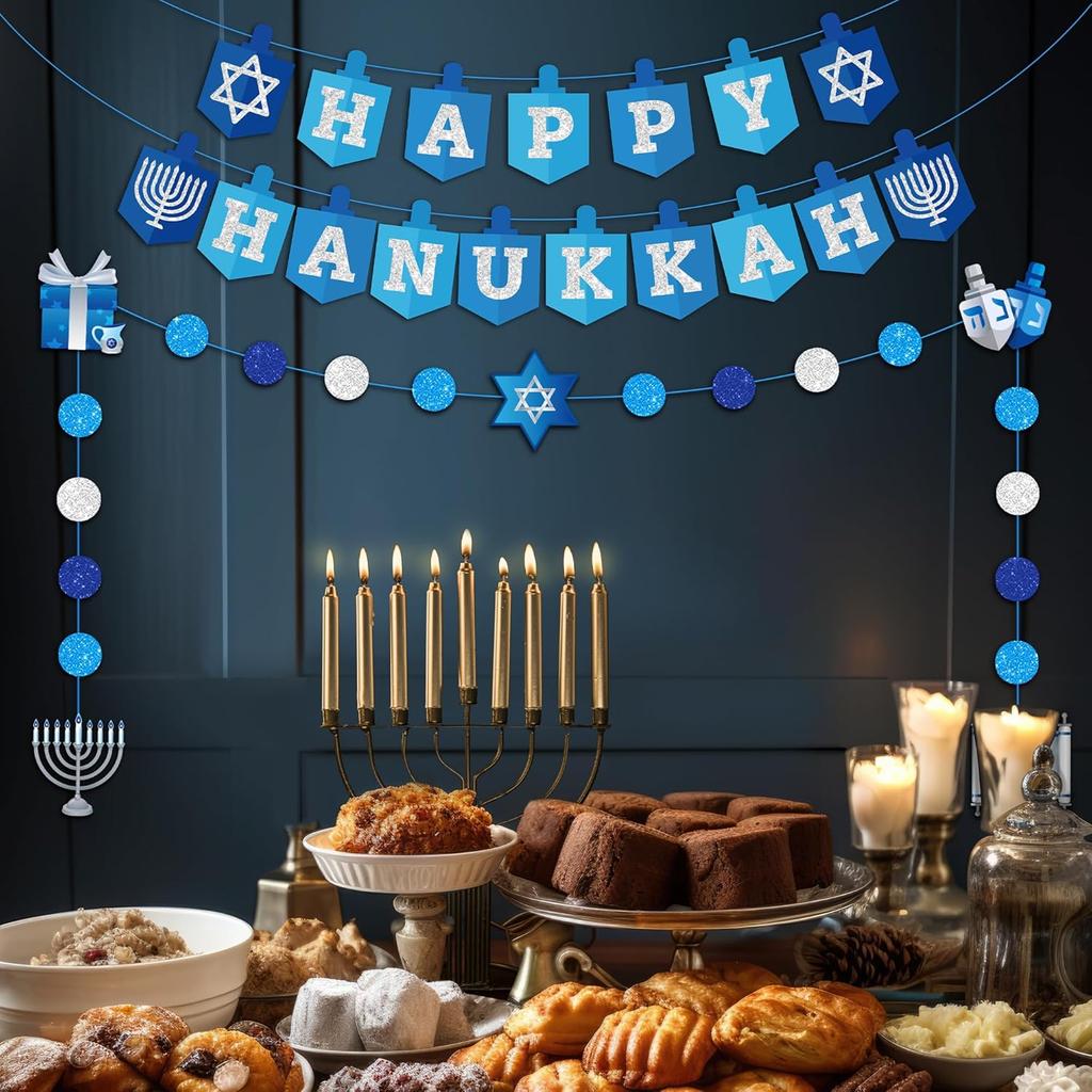 Hanukkah Decorations Banner, Pre-assembled Hanukkah Party Decor Garland, Happy Hanukkah Sign Banner, Chanukah Decorations for Home, Blue Glitter