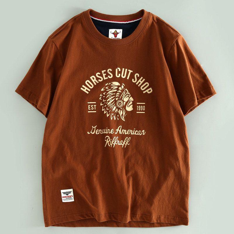 Leak-Picking Export Orders Exported to Japan Cut the Tag off Retro Indian Pattern Short sleeve T-shirt Men s Cotton Washed Comfortable Half Sleeve Brown L
